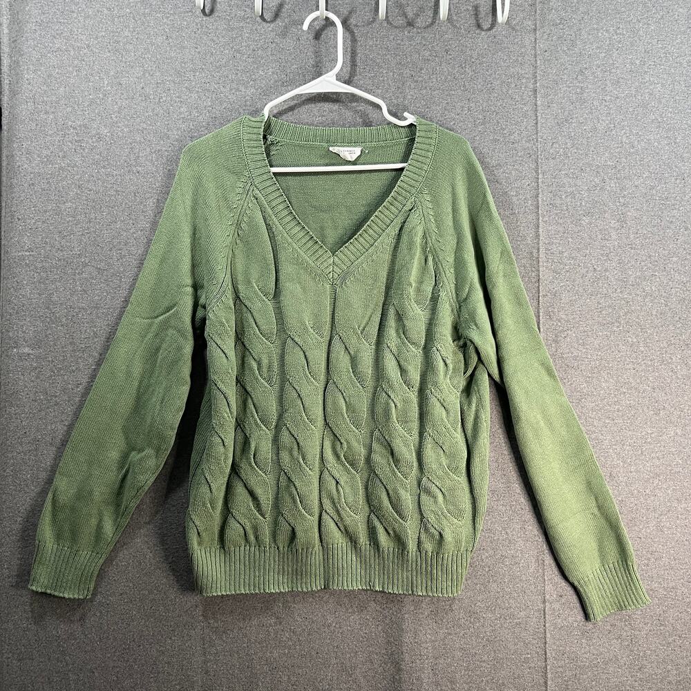 Candace Cameron Bure Cable Knit V-Neck Sweater Sage Size Medium